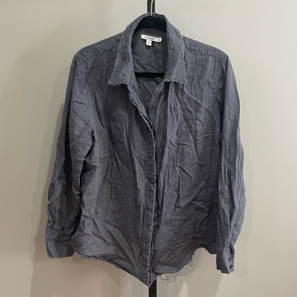 Chico's Dusty Blue Button Down Shirt 100% Linen Size 3 (16)